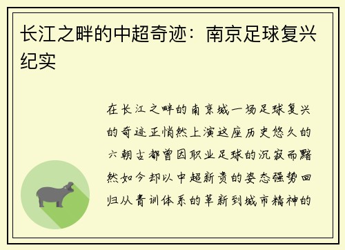 长江之畔的中超奇迹：南京足球复兴纪实