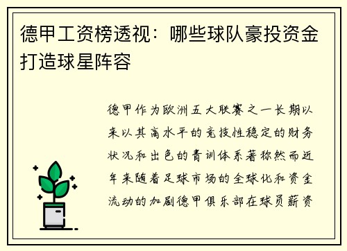 德甲工资榜透视：哪些球队豪投资金打造球星阵容