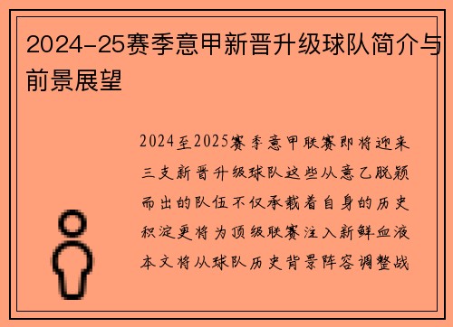 2024-25赛季意甲新晋升级球队简介与前景展望