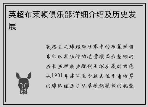 英超布莱顿俱乐部详细介绍及历史发展